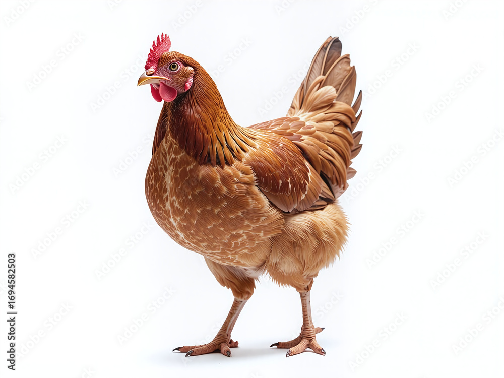 Fototapeta premium A brown hen on a white background, with clear feather details contrasting against the clean background, creating a natural and healthy impression.