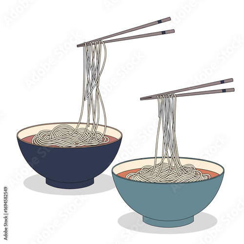 Delicious noodles being picked up from two colorful bowls with chopsticks