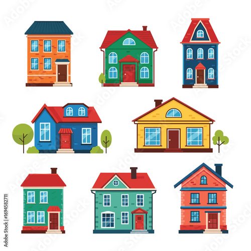 Collection of diverse colorful residential houses buildings architectural styles