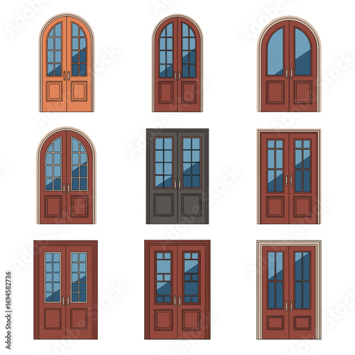 Collection of decorative wooden doors with arched tops and glass panes