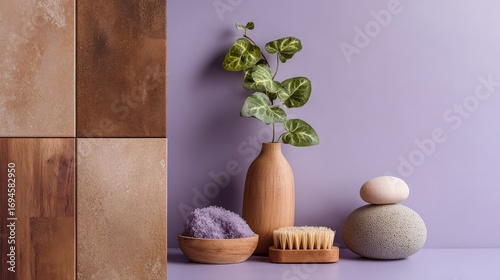 A modern bathroom with warm brown tiles and a vanity holding an ivy plant, plus spa staples—a clay mask and exfoliating scrub—set against a pastel lilac backdrop with ample copy space for banners.