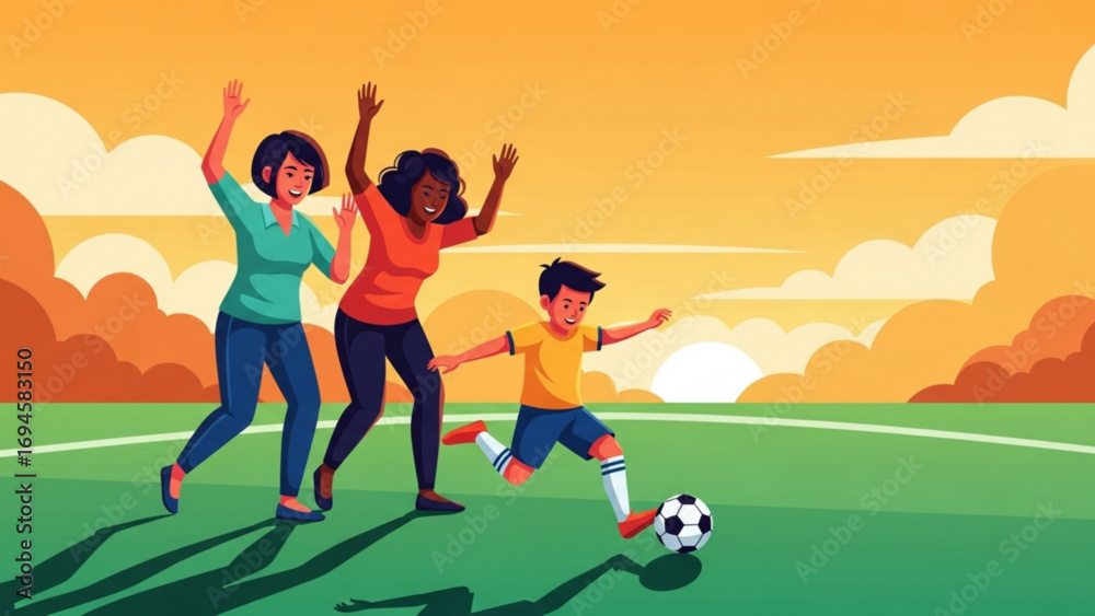 Obraz premium Family cheers as young boy kicks soccer ball on green field during golden sunset, celebrating teamwork and joyful family moment.