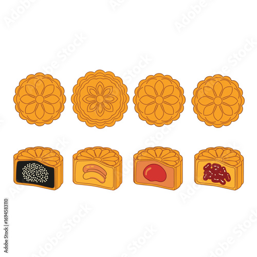 Traditional chinese mooncakes with various delicious sweet fillings