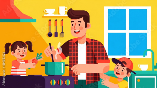 Smiling father cooking soup with his two children in a cozy kitchen, enjoying a happy and heartwarming family moment together.