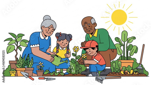 Grandparents and grandchildren tending to garden, watering plants and planting flowers in the backyard on a sunny day, fostering intergenerational connection and learning.