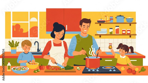 Happy family cooking together in bright kitchen preparing healthy meal with vegetables and smiling children helping parents, creating warm and loving atmosphere.