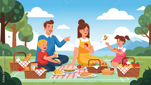 Family enjoys a picnic in the park on a sunny day, sharing food and playing together, creating a happy and joyful atmosphere.