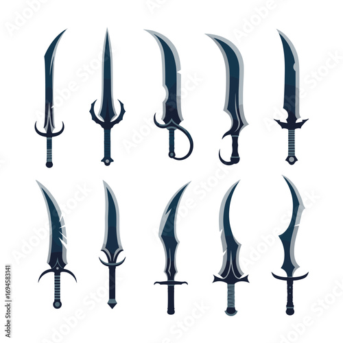 Collection of fantasy pixel art sword designs for games