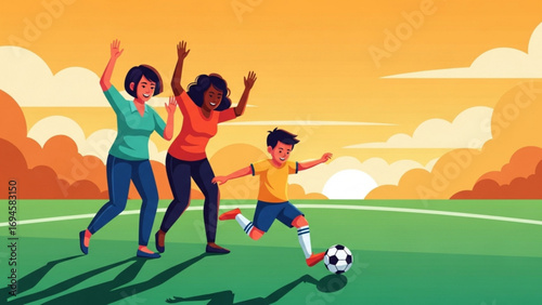 Family cheers as young boy kicks soccer ball on green field during golden sunset, celebrating teamwork and joyful family moment.