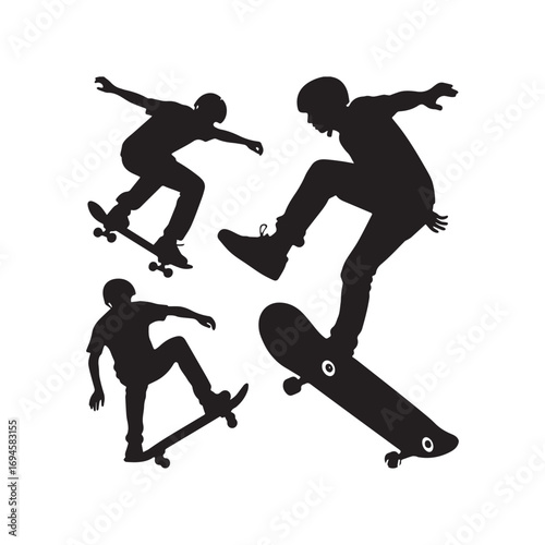A set of vector silhouettes of various skateboarders performing tricks. 