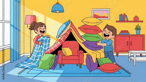 Happy children building a pillow fort in the living room with blankets and pillows, creating a cozy and playful atmosphere.