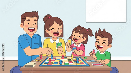 Happy family playing board game at home together, enjoying quality time and creating lasting memories with laughter and smiles.