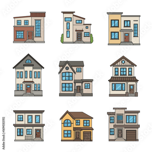 Set of nine pixel art houses and homes of different styles