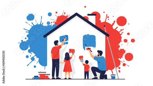 Family painting their house exterior with red and blue paint, creating a vibrant and colorful home, showcasing teamwork and creativity.