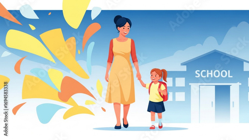 Mother and daughter walking to school holding hands on a bright morning, symbolizing education and family support, creating a heartwarming scene.