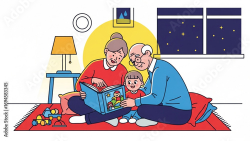 Grandparents reading a story to their grandchild in cozy living room at night, creating a warm and loving atmosphere.