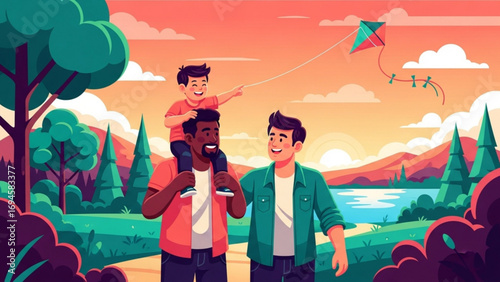 Happy family enjoys flying a kite together in a park with trees and mountains, creating a heartwarming scene of love and joy on a beautiful day.