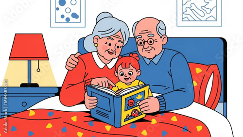 Grandparents reading a colorful storybook to their granddaughter in bed at night, creating a heartwarming and loving moment.