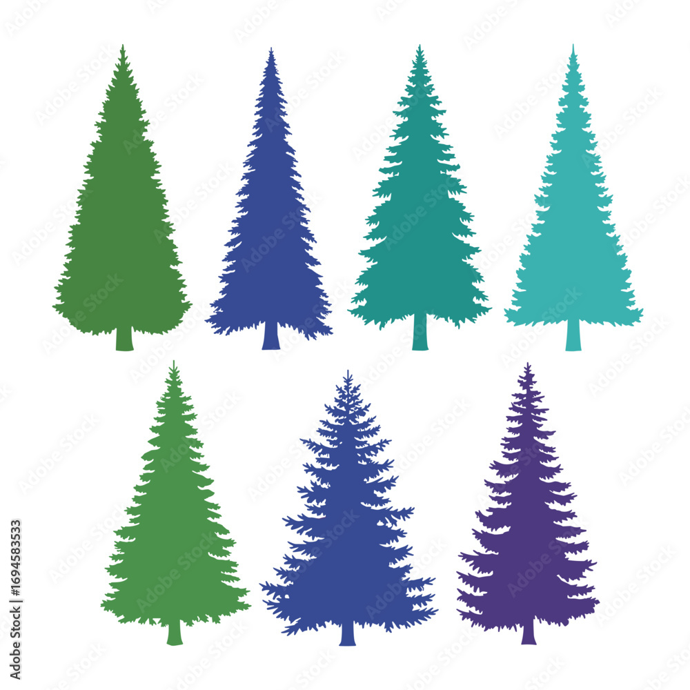 Obraz premium Collection of stylized evergreen trees in various colors