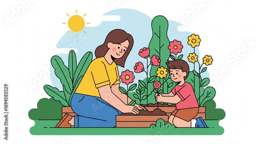 Mother and son planting flowers together in garden on sunny day, enjoying quality time and creating beautiful floral display, fostering love and connection.
