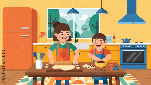 Happy mother and son baking cookies together in their cozy kitchen, creating sweet memories and enjoying a warm, family moment.