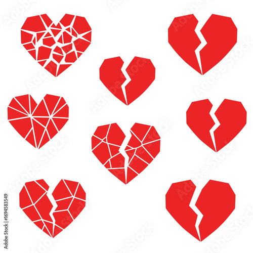 Collection of broken hearts in different geometric styles representing emotional pain