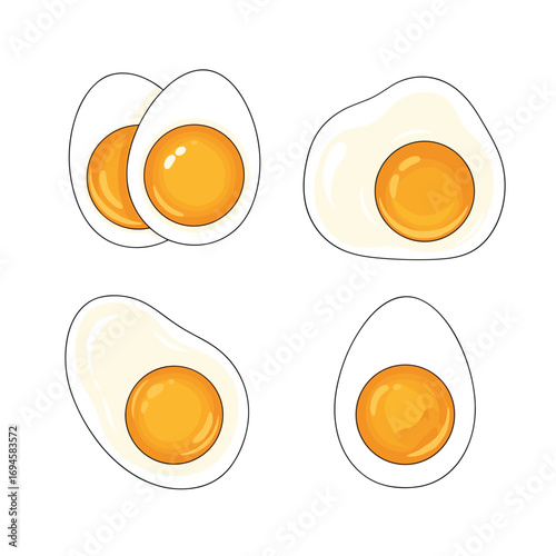 Various styles of cooked eggs with visible yolks illustrations