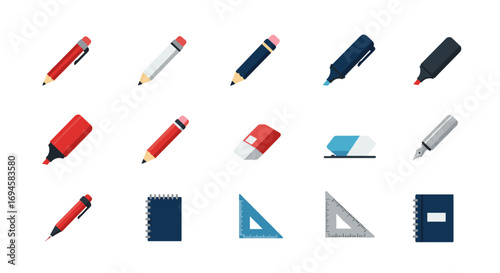 Assorted office and school supplies set in flat design style