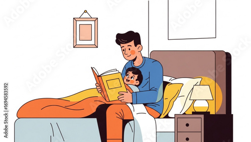 Father reading a book to his child in bed at home, creating a warm and loving atmosphere during bedtime story time.