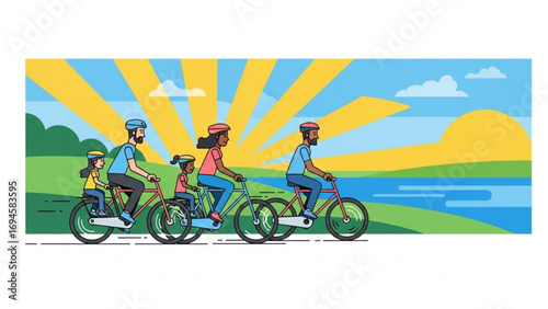 Family enjoys a bike ride together along a scenic lakeside path on a bright sunny day, promoting healthy outdoor activity and togetherness.