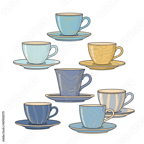 Collection of ceramic coffee cups and saucers with vintage design