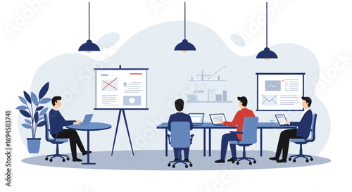 Team collaboration in modern office setting with laptops and presentation boards