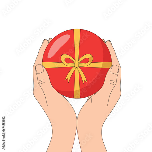 Hands holding a round red gift box with yellow ribbon