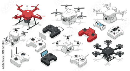 Diverse collection of isometric drone designs with remote controllers