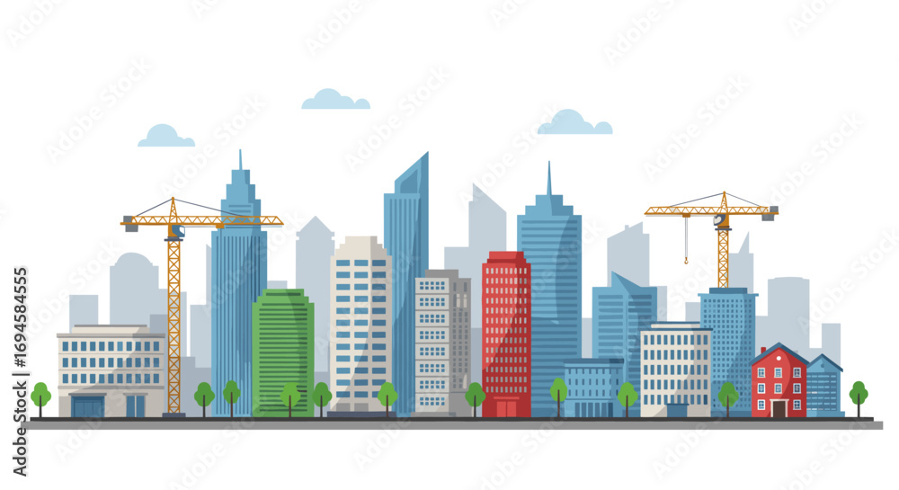 Fototapeta premium Modern urban skyline with construction cranes and tall buildings in flat style