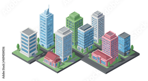 Isometric city buildings and streets with colorful architecture and design elements