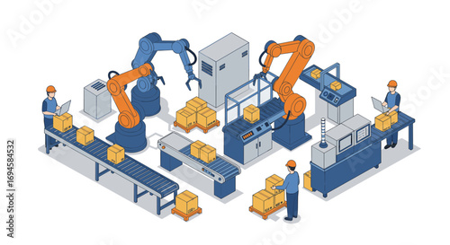 Isometric industrial automation with robotic arms and conveyor belts