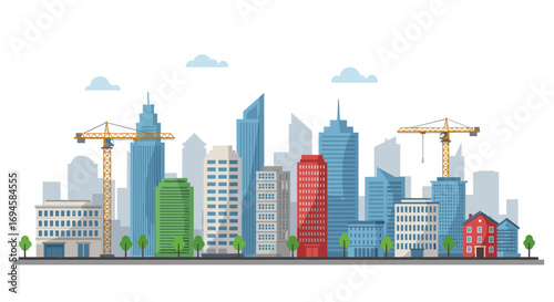 Modern urban skyline with construction cranes and tall buildings in flat style