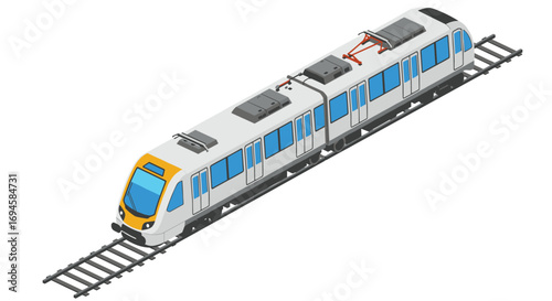 Modern isometric train on rails with detailed design and electric features