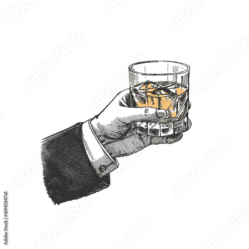 Sophisticated sketch of a hand holding a whiskey glass against a dark backdrop creating a high