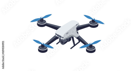 Modern isometric drone with camera and blue propellers for aerial photography
