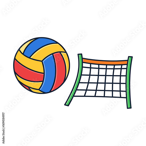 Colorful volleyball and volleyball net illustration, isolated on white background.