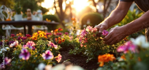 Close-up of hands arranging colorful flowers in a sunrise garden, with vibrant beds and garden furniture in the background, creating a serene, hopeful morning mood.