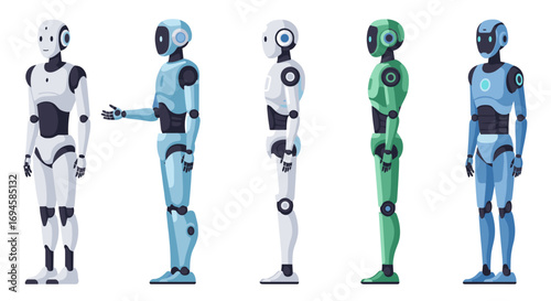 Futuristic robotic figures in various poses and colors on a white background