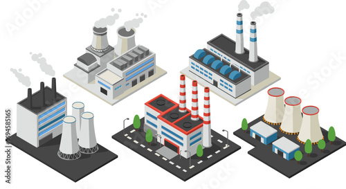 Diverse isometric industrial factory set with modern architecture