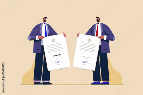 Two businessmen holding signed contracts representing agreement and partnership in business dealings