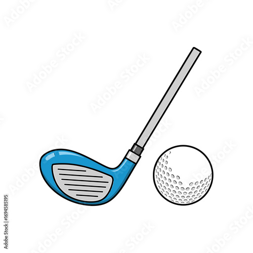 A blue golf club rests beside a white golf ball, isolated on a white background.
