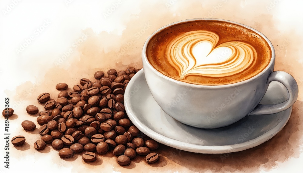 Obraz premium Watercolor painting features white cup of coffee with latte art heart design. Freshly roasted coffee beans surround mug on saucer. Warm, delicious beverage perfect for morning energy boost cozy