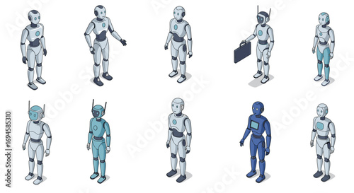 Diverse isometric robot designs featuring humanoid figures in various poses and attires