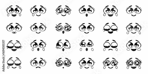 Collection of cute kawaii cartoon faces with various emotions and expressions